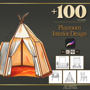 Könnte beinhalten: Eine digitale Illustration eines beigen Tipi-Zeltes mit weißen Vorhängen, begleitet von dem Text +100 STAMPS Playroom Interior Design, sowie Symbolen für Softwarekompatibilität und kleinen Miniaturskizzen von Möbeln und Einrichtungsgegenständen.