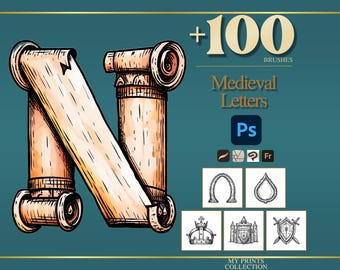 Letters Medieval Photoshop Brushes & Procreate Stamps – 100+ Woodcut Tattoo, Digital Art, Clipart, Line Art, Stencil