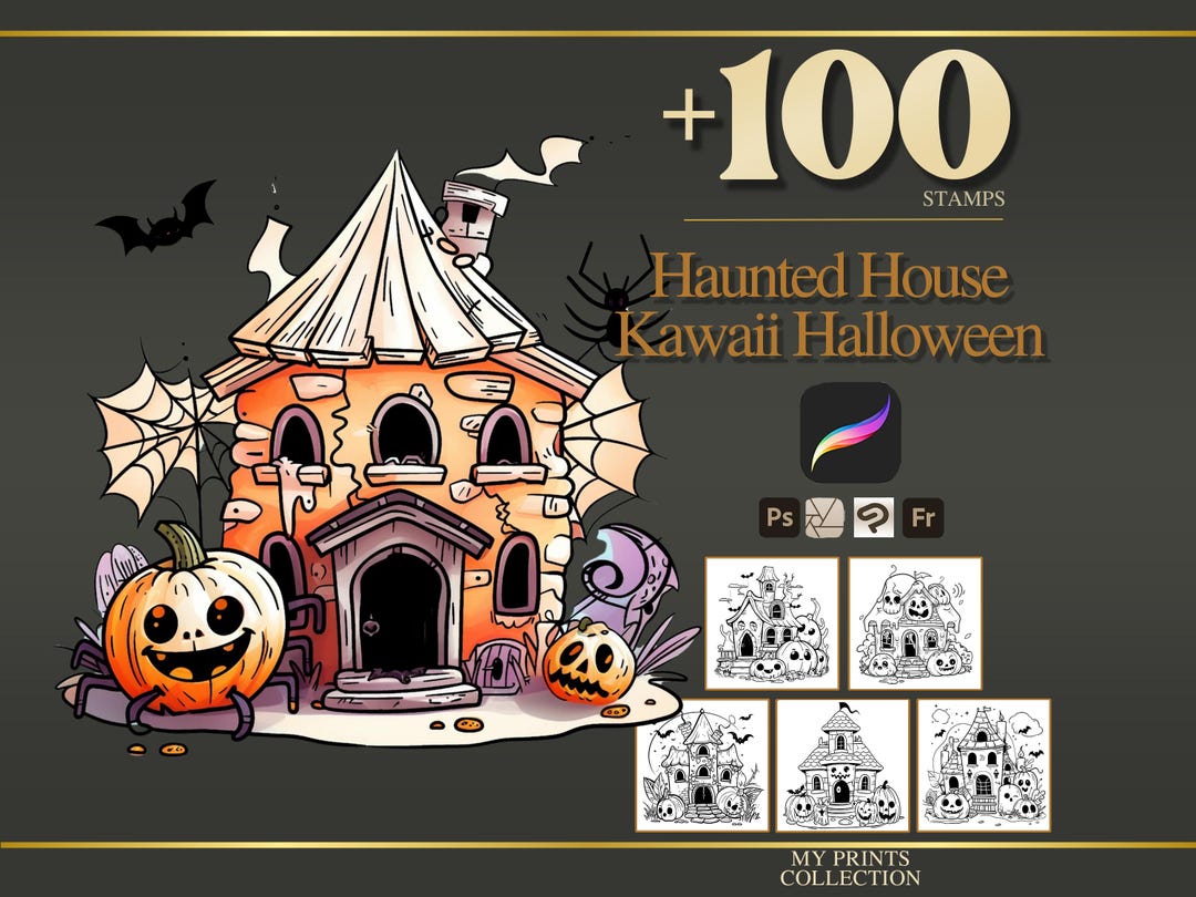 Haunted House Kawaii Halloween Procreate Stamps & Photoshop Brushes ...