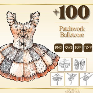 Könnte beinhalten: Illustration eines Patchwork-Ballettcore-Kleides in Pfirsich-, Weiß- und Grautönen. Das Bild enthält den Text "+100 Patchwork Balletcore" und Dateityp-Symbole. Zusätzliche Ballettthemen-Grafiken sind ebenfalls vorhanden.