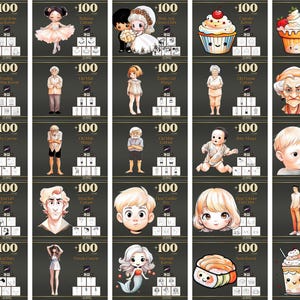 Peut inclure: Une collection d'illustrations de dessins anim&eacute;s pr&eacute;sentant divers personnages et objets. Les images incluent un chat dans une tasse, une ballerine, un couple, des cupcakes, un distributeur automatique, des personnes &acirc;g&eacute;es, des b&eacute;b&eacute;s et une sir&egrave;ne. Chaque image a une &eacute;tiquette "+100".