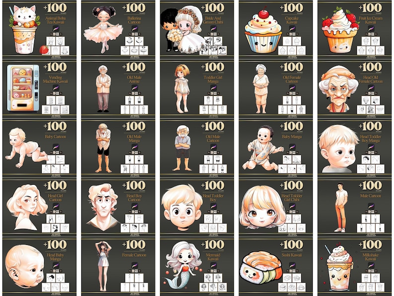 Peut inclure: Une collection d'illustrations de dessins anim&eacute;s pr&eacute;sentant divers personnages et objets. Les images incluent un chat dans une tasse, une ballerine, un couple, des cupcakes, un distributeur automatique, des personnes &acirc;g&eacute;es, des b&eacute;b&eacute;s et une sir&egrave;ne. Chaque image a une &eacute;tiquette "+100".