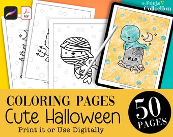 50 Halloween Animals Coloring Pages Printable PDF + Procreate Digital Coloring File, Kids & Adults Coloring Book, Bonus Crayon Procreate