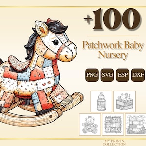 Könnte beinhalten: Ein buntes Patchwork-Schaukelpferd mit schwarzer Mähne und Schweif. Das Bild enthält den Text "+100 Patchwork Baby Nursery" und Symbole für die Dateiformate PNG, SVG, ESP und DXF sowie Illustrationen für Babys.