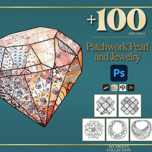 Könnte beinhalten: Eine digitale Grafik mit einem großen, farbenfrohen Diamanten mit Patchwork-Mustern. Das Bild enthält den Text "+100 BRUSHES" und "Patchwork Pearl and Jewelry" mit Photoshop-Symbolen und Schmuckdesign-Beispielen. Der Hintergrund ist türkis.