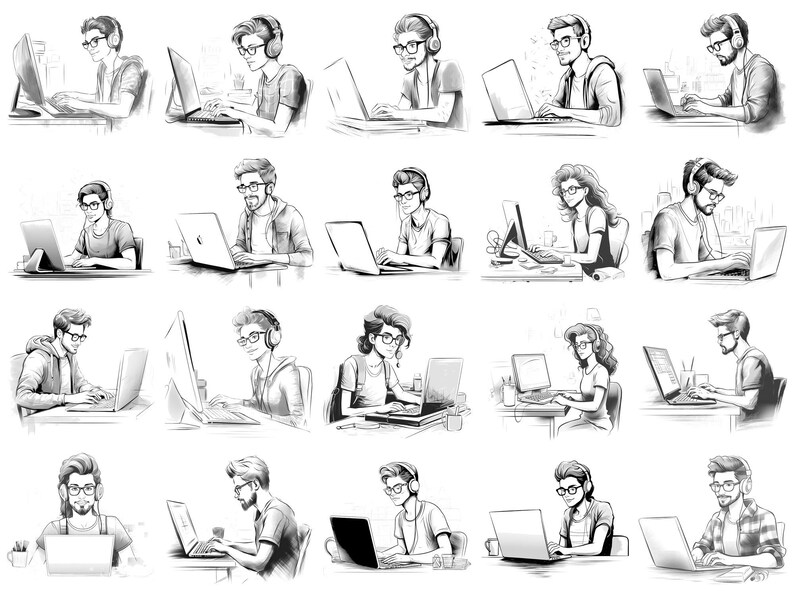 Softwareontwikkelaar Procreate Stamps en Photoshop-penselen – 100+ mensen Carrièretattoo, illustratie, zeer fijne tekeningen, stencil, penseelpakket afbeelding 2