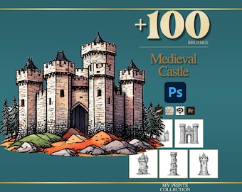 Castle Medieval Photoshop Brushes & Procreate Stamps – 100+ Woodcut Tattoo, Digital Art, Clipart, Line Art, Stencil