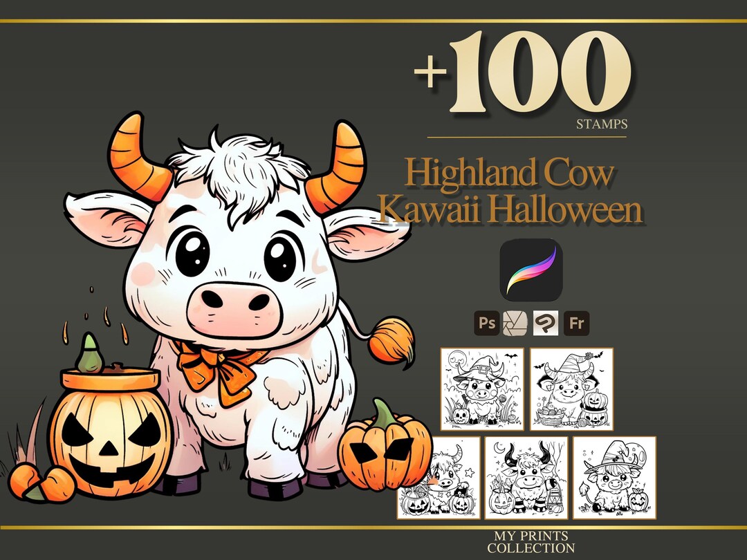 Highland Cow Kawaii Halloween Procreate Stamps & Photoshop Brushes ...