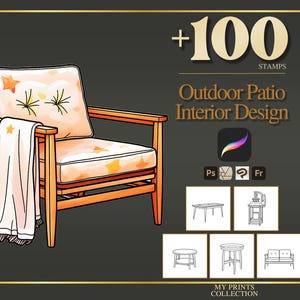 Könnte beinhalten: Eine digitale Illustration eines Holzsessels mit sternenbedruckten Kissen und einer drapierten weißen Decke. Der Text lautet +100 STAMPS Outdoor Patio Interior Design. Enthält Software-Symbole und fünf kleine Strichzeichnungen von Möbelstücken.