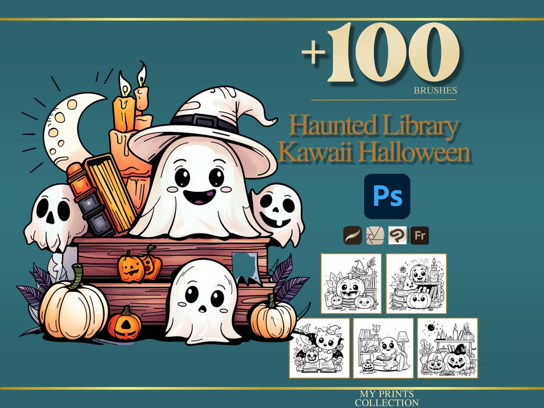 Haunted Library Kawaii Halloween Photoshop Brushes & Procreate Stamps ...