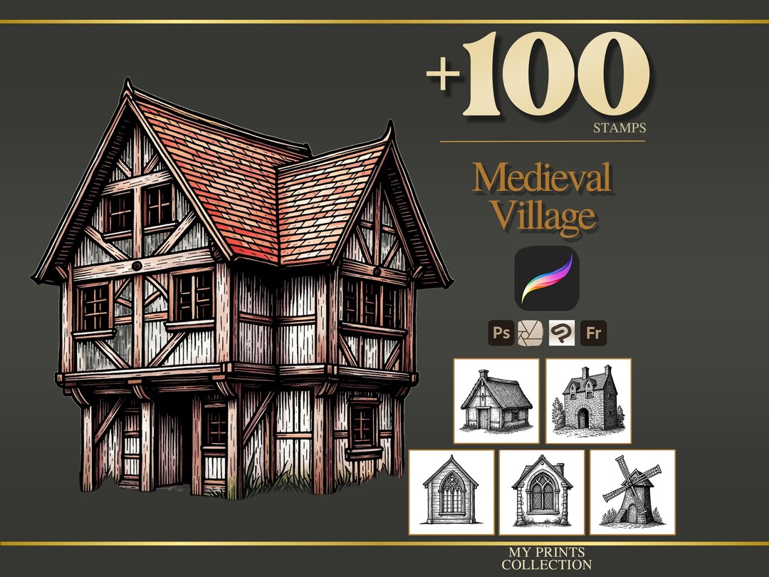 Village Medieval Procreate Stamps & Photoshop Brushes – 100+ Woodcut ...