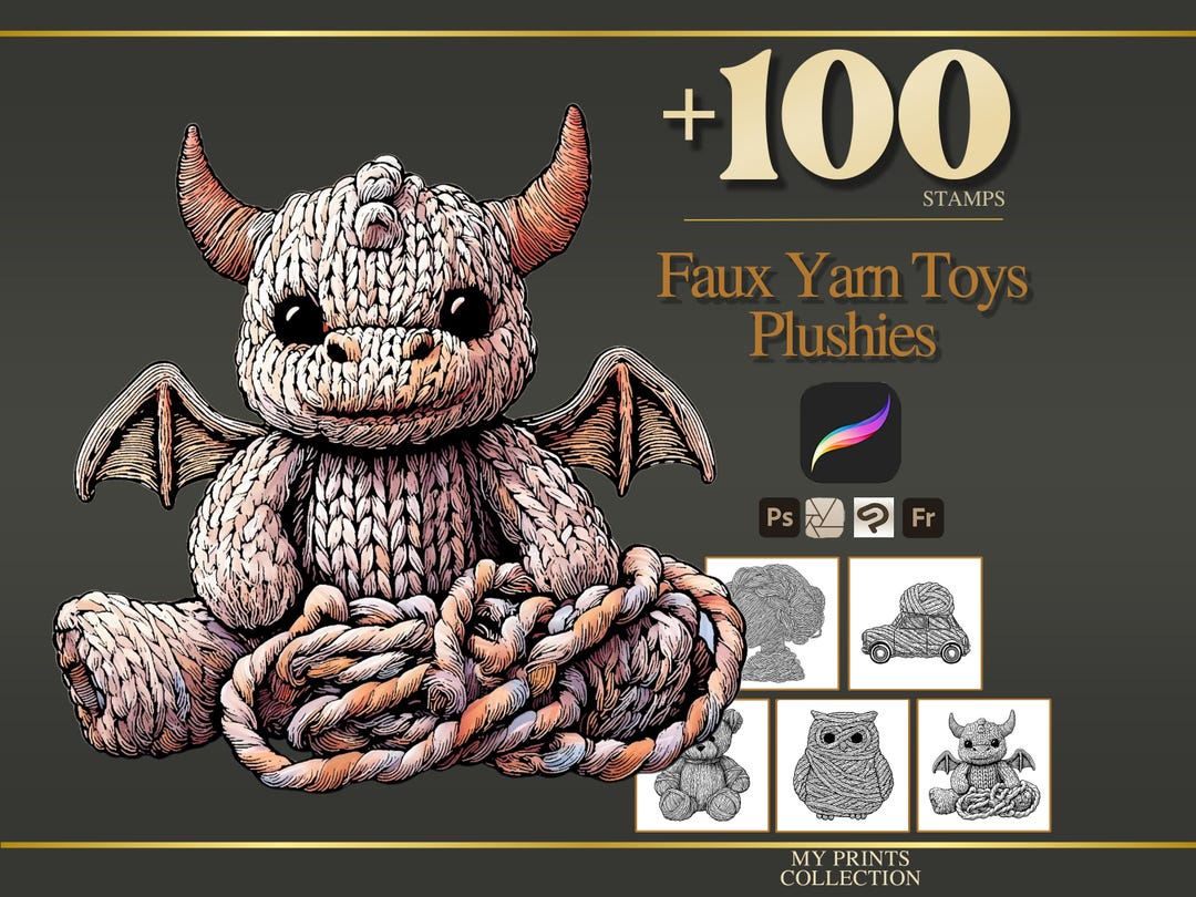Faux Yarn Toys Plushies Procreate Stamps & Photoshop Brushes – 100 ...