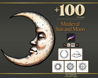 Sun and Moon Medieval Procreate Stamps & Photoshop Brushes – 100+ Woodcut Tattoo, Digital Art, Clipart, Line Art, Brush Pack