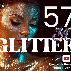 Może przedstawiać: Twarz kobiety pokryta złotym i niebieskim brokatem z tekstem "57 3D GLITTER" i słowami "Procreate Brushes YouTube Tutorials" poniżej.