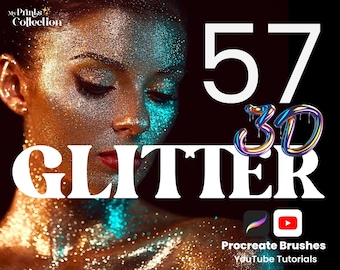 57 3D Glitter Procreate Brush Set, Metallic, Shimmer, Glow, Foil, Confetti, Sequin, Sparkle, 3D brushes, Color Palette, Video Tutorials