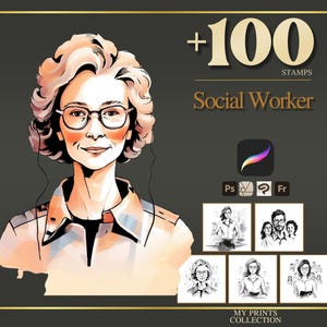 Social Worker Procreate Stamps & Photoshop Brushes – 100+ People Career Tattoo, Illustration, Line Art, Stencil, Brush Pack