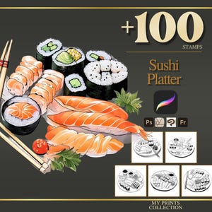 Sushi Platter Procreate Stamps & Photoshop Brushes – 100+ Food Beverage Cuisine Coffee Illustration, Line Art, Stencil, Brush Pack