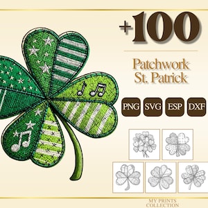 Könnte beinhalten: Illustration eines grünen Patchwork-Kleeblatts mit Noten und Sternmustern. Das Bild enthält den Text "+100 Patchwork St. Patrick" und Dateityp-Symbole. Zusätzliche Kleeblatt-Designs sind unten abgebildet.