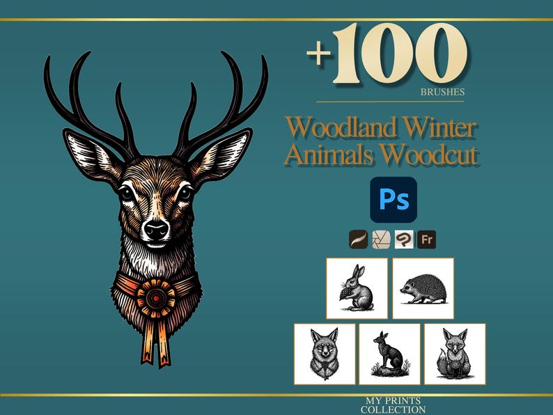 Woodland Winter Animals Woodcut Photoshop Brushes & Procreate Stamps ...