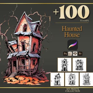 Haunted House Procreate Stamps & Photoshop Brushes – 100+ Place House Landscape Magical Whimsical Tattoo, Illustration, Stencil, Brush Pack