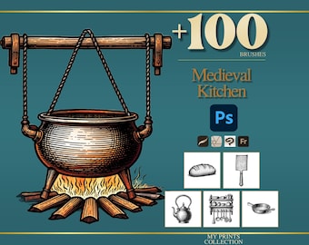 Kitchen Medieval Photoshop Brushes & Procreate Stamps – 100+ Woodcut Tattoo, Digital Art, Clipart, Line Art, Stencil