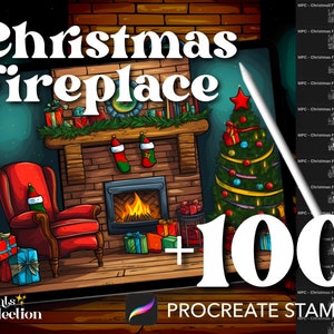 Plus de 100 tampons de Noël Procreate cheminée, Design d&#39;intérieur confortable Père Noël Noël hiver, Téléchargement numérique, Fourniture d&#39;art numérique, Pinceau Procreate