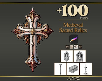 Sacred Relics Medieval Procreate Stamps & Photoshop Brushes – 100+ Woodcut Tattoo, Digital Art, Clipart, Line Art, Brush Pack