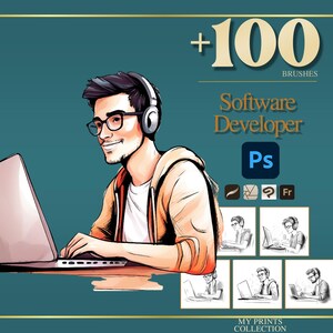 May include: An illustration of a software developer wearing headphones and glasses, working on a laptop. The image includes the text "+100 BRUSHES Software Developer Ps" and several small sketches.