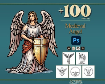 Angel Medieval Photoshop Brushes & Procreate Stamps – 100+ Woodcut Tattoo, Digital Art, Clipart, Line Art, Stencil