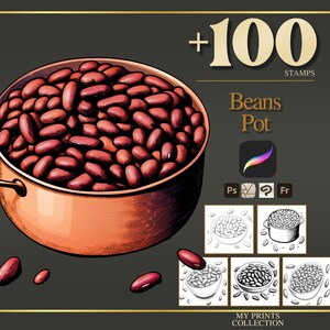 Pode incluir: Ilustração de uma panela de cobre cheia de feijão vermelho. A imagem inclui o texto "+100 STAMPS" e "Beans Pot". Ícones e esboços em preto e branco de feijão também estão presentes.