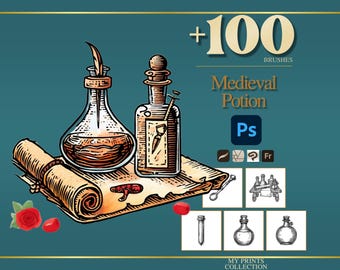 Potion Medieval Photoshop Brushes & Procreate Stamps – 100+ Woodcut Tattoo, Digital Art, Clipart, Line Art, Stencil
