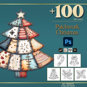 Weihnachten Patchwork Photoshop Brushes & Procreate Stamps - 100+ Fashion Quilt Texture, Tattoo, Digital Art, Clipart, Line Art, Schablone