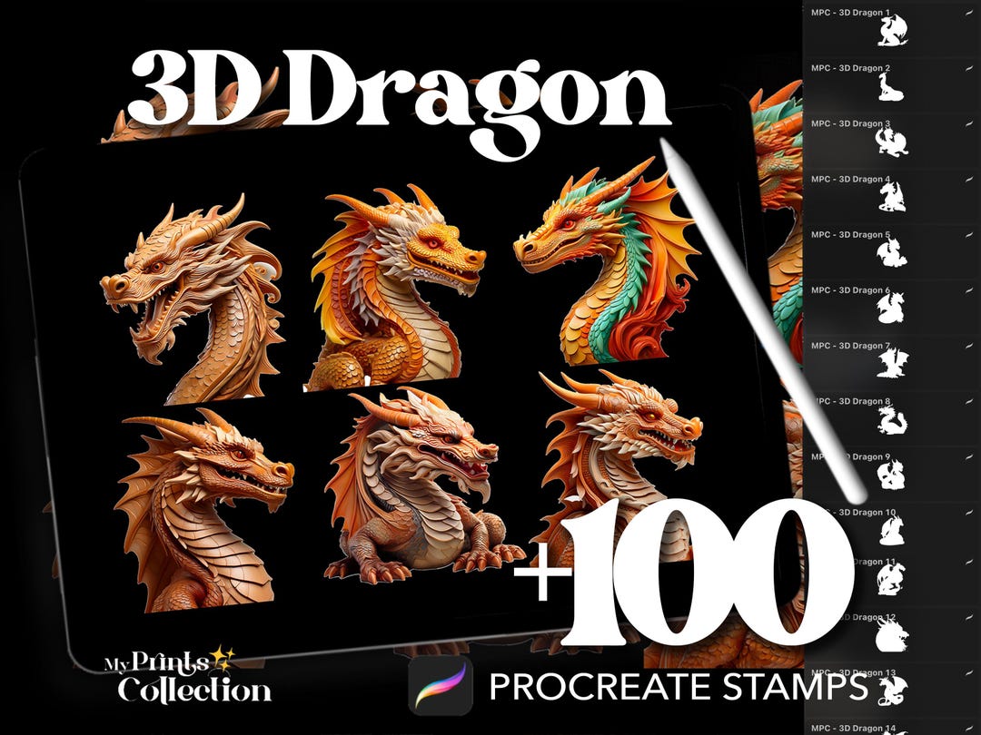 3D Dragon Dual Color Procreate Stamp Brushes - 100+ Stamps Brushset for ...