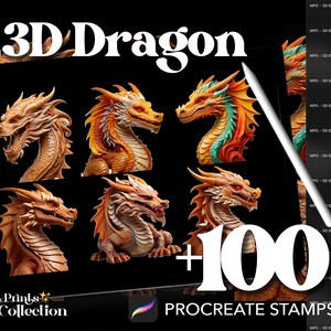 Könnte beinhalten: Eine digitale Illustration von 3D-Drachen-Stempeln für Procreate. Das Bild zeigt 6 verschiedene Drachen-Designs in verschiedenen Posen. Der Text "3D Dragon" und "100+ Procreate Stamps" ist im Bild sichtbar.