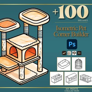 Op de afbeelding: Isometric pet corner builder graphic met een krabpaal ontwerp. De krabpaal heeft meerdere niveaus, platforms en een hokje. De afbeelding bevat de tekst "+100 Brushes" en "Isometric Pet Corner Builder" met Photoshop-pictogrammen en andere illustraties.