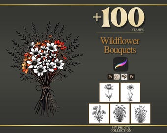 May include: A digital collection of 100 wildflower bouquet stamps featuring a large bouquet with white and orange flowers, plus five smaller black and white floral illustrations. The text reads +100 STAMPS, Wildflower Bouquets, and MY PRINTS COLLECTION.