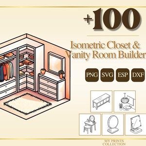 以下が含まれることがあります： クローゼットと化粧台の部屋ビルダーの等角図イラスト。画像には、吊り下げられた服、引き出し、棚のあるクローゼットが描かれています。鏡とラグが付いた化粧台も表示されています。テキストには「+100」と「Isometric Closet & Vanity Room Builder」が含まれています。