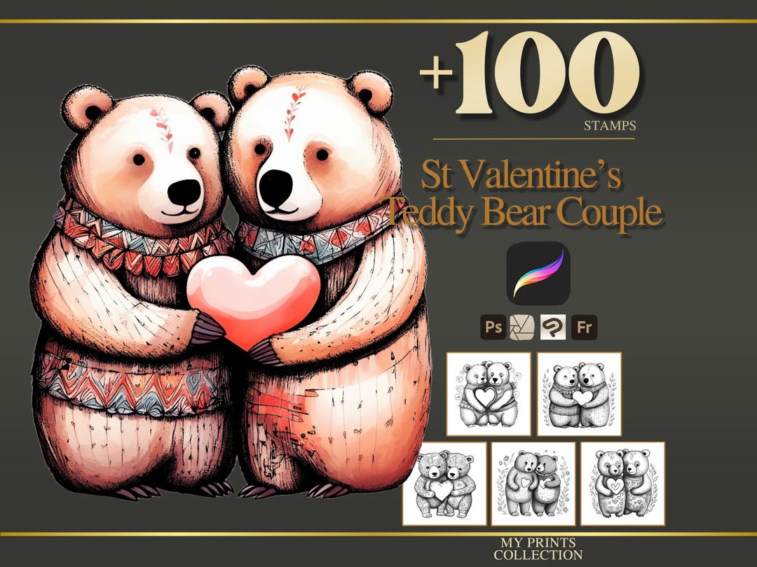 St Valentines Teddy Bear Couple Procreate Stamps & Photoshop Brushes ...