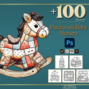 Könnte beinhalten: Bunte Illustration eines Patchwork-Schaukelpferds mit roter Schleife. Das Bild enthält den Text "+100 BRUSHES Patchwork Baby Nursery Ps" und mehrere Strichzeichnungen zum Thema Baby. Der Hintergrund ist türkis.