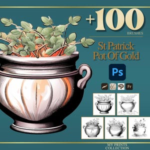Könnte beinhalten: Illustration eines silbernen Topfes gefüllt mit grünem Laub, betitelt "St Patrick Pot Of Gold" mit dem Text "+100 BRUSHES". Enthält Photoshop-Symbole und Beispiele des Topfdesigns. Vor einem türkisblauen Hintergrund.