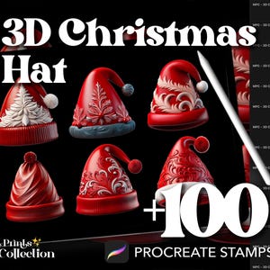 May include: A set of 14 digital stamps for Procreate featuring 3D Christmas hats in various designs. The hats are red with white accents and have a 3D effect. The text "3D Christmas Hat" and "+100 Procreate Stamps" is visible in the image.