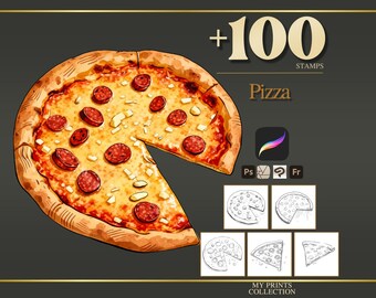 Pizza Procreate Stamps & Photoshop Brushes – 100+ Food Beverage Cuisine Coffee Tattoo, Illustration, Line Art, Stencil, Brush Pack