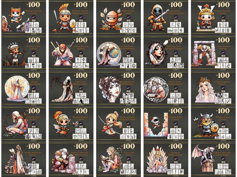 Peut inclure: Ensemble de cartes illustr&eacute;es avec des personnages de dessins anim&eacute;s, chacune avec un design et un th&egrave;me uniques. Les cartes ont un fond sombre avec du texte et des illustrations blancs, notamment des guerriers, des robots et des personnages fantastiques.