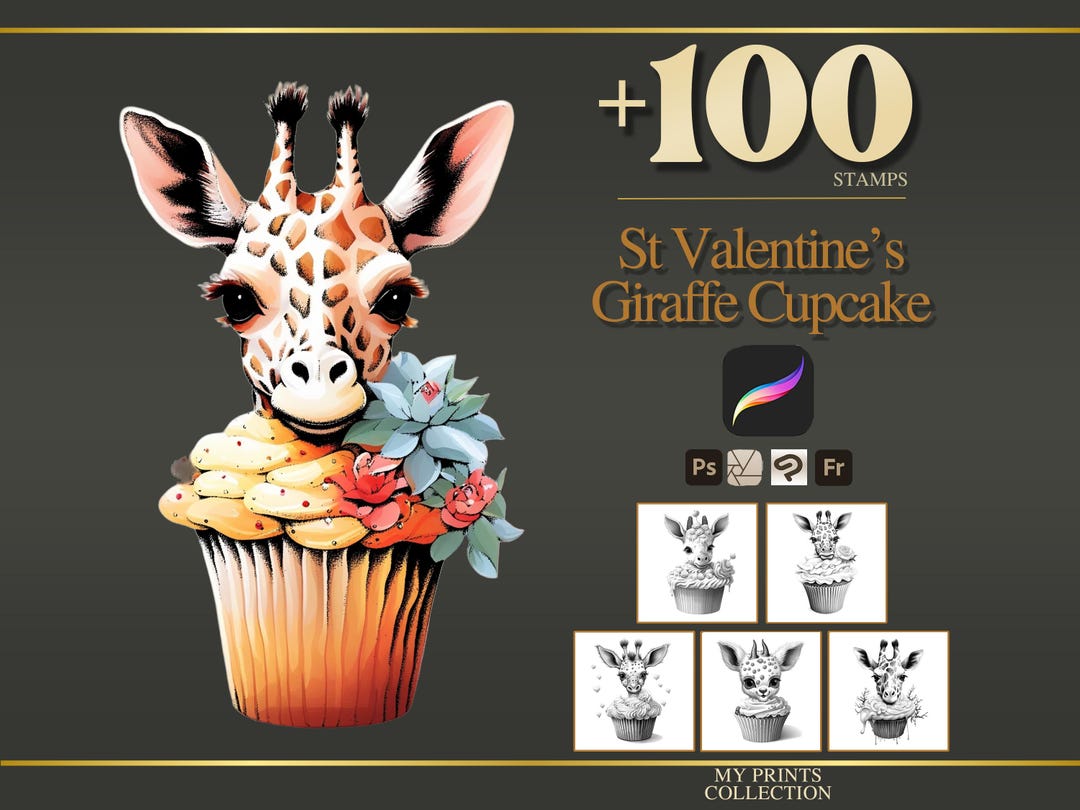St Valentines Giraffe Cupcake Procreate Stamps & Photoshop Brushes ...