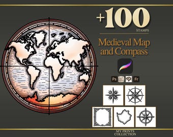 Map and Compass Medieval Procreate Stamps & Photoshop Brushes – 100+ Woodcut Tattoo, Digital Art, Clipart, Line Art, Brush Pack