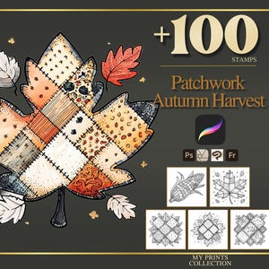 Pode incluir: Ilustração de uma folha de bordo em patchwork em cores outonais. A imagem inclui o texto "+100 STAMPS" e "Patchwork Autumn Harvest". Imagens adicionais de milho e folhas também estão presentes.