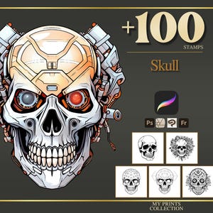 Skull Procreate Stamps & Photoshop Brushes – 100+ Tattoo Realistic Human Bone Head, Illustration, Line Art, Stencil, Brush Pack