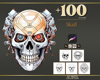 Skull Procreate Stamps & Photoshop Brushes – 100+ Tattoo Realistic Human Bone Head, Illustration, Line Art, Stencil, Brush Pack