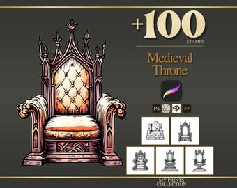 Throne Medieval Procreate Stamps & Photoshop Brushes – 100+ Woodcut Tattoo, Digital Art, Clipart, Line Art, Brush Pack