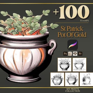 St Patrick Pot Of Gold Procreate Stamps & Photoshop Brushes – 100+ Lucky Irish Holiday Tattoo, Illustration, Line Art, Stencil, Brush Pack